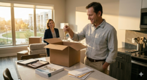 a man packing up and moving after a short sale. Peace of mind and no worries.
