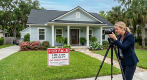 Short Sale process in pictures. Image of a “For Sale” sign in front of a well-kept home, with an agent taking professional photos.