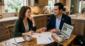 Short Sale Process in Pictures - realtor with a homeowner at the table with paperwork and computer