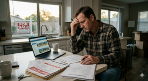 A man at a table reviewing bills considering a short sale