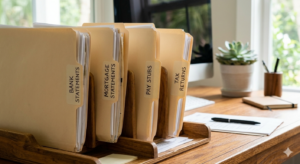 short sale process in pictures: Image of organized folders labeled: “Bank Statements,” “Mortgage Statements,” “Pay Stubs,” “Tax Returns.”