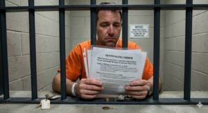 Homeowner in behind bars in orange jumpsuit for committing real estate short sale fraud.