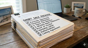 short sale process in pictures. Image of a stack of documents labeled “Short Sale Package,” with checkmarks indicating completion.
