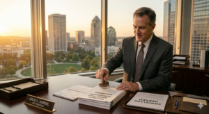 bank lender in a window office approving a short sale.