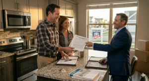 Realtor handing a homeowner an buyer's offer