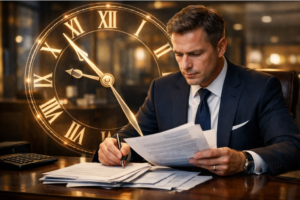 short sale process in pictures. Image of a clock overlay, symbolizing waiting, and a banker reviewing documents.