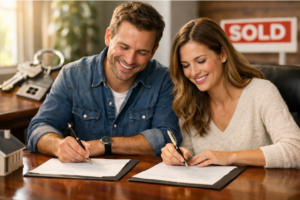 Short Sale Process in Pictures. Image of smiling homeowners signing documents at a closing table, keys and “SOLD” sign in the background.