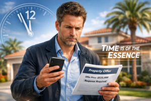 A man with a phone with text "Time is of the essence"