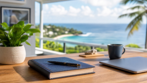 A journal on a desk with a view of the ocean.